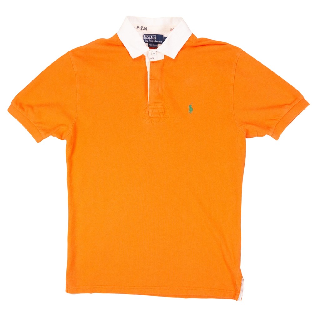 VTG Polo Ralph Lauren 90s Rugby Shirt Mens Small Orange Cotton Pique Logo